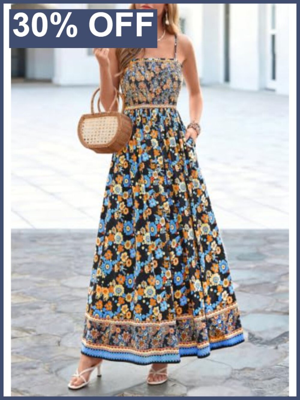 Women's Floral Maxi Dress Boho Spaghetti Strap A-Line Sleeveless Beach Summer - Picture 5 of 6